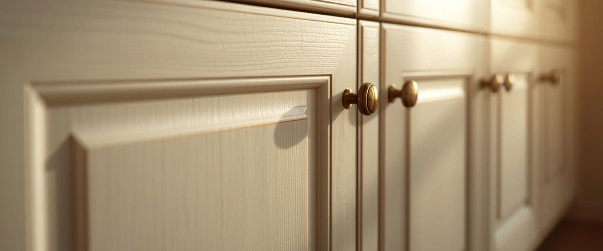 Close-up of raised-panel cabinet doors with brass knobs