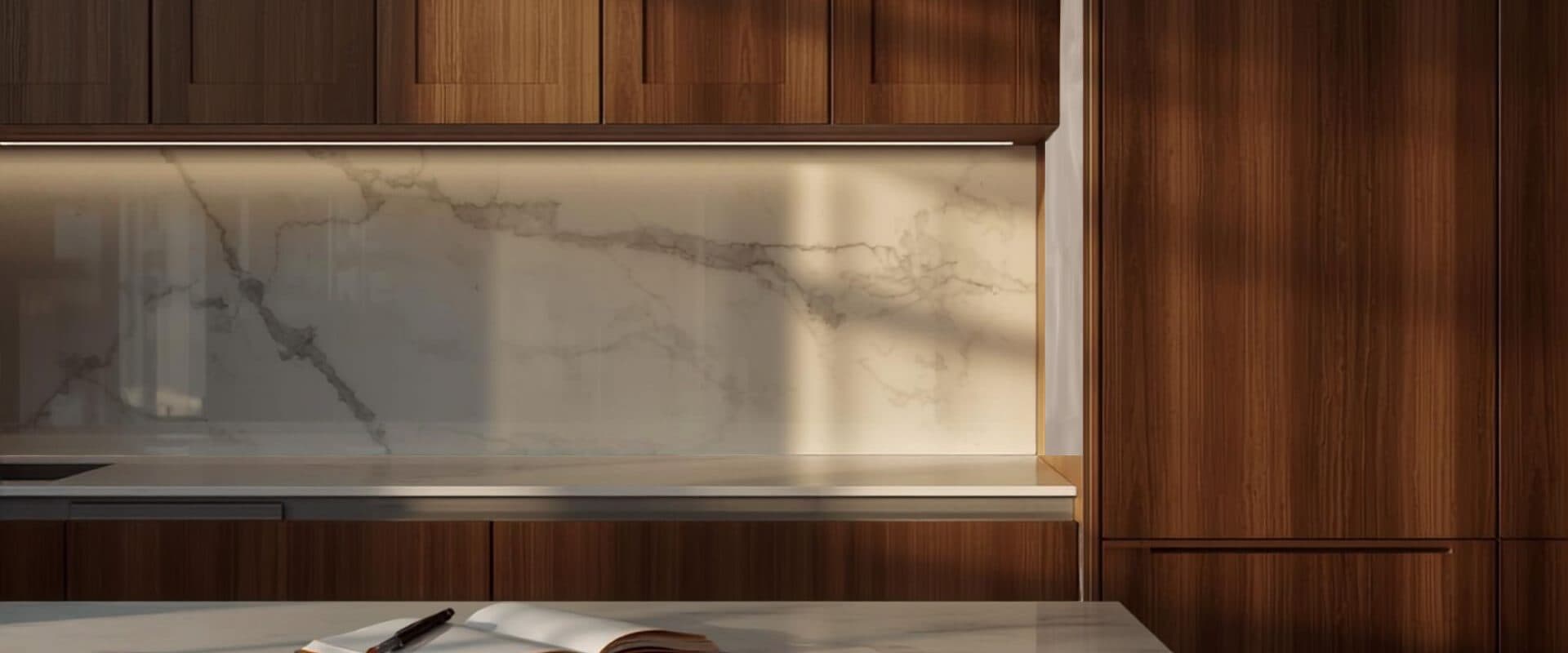 Walnut cabinetry with marble backsplash in warm light